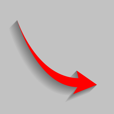 Declining arrow sign. Vector. Red icon with soft shadow on gray background.のイラスト素材