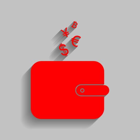 Wallet sign with currency symbols. Vector. Red icon with soft shadow on gray background.のイラスト素材