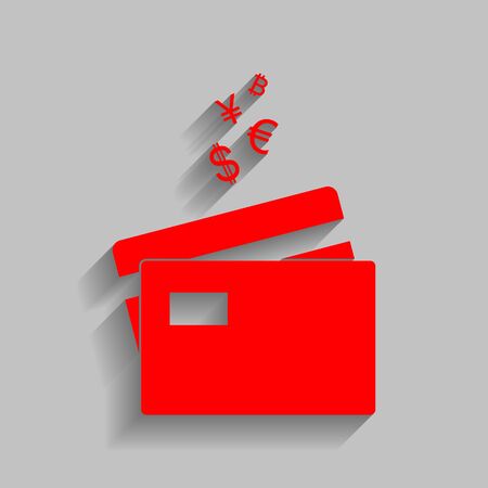 Credit cards sign with currency symbols. Vector. Red icon with soft shadow on gray background.のイラスト素材