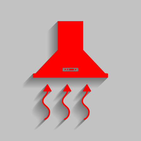 Exhaust hood. Range hood. Kitchen ventilation sign. Vector. Red icon with soft shadow on gray background.のイラスト素材