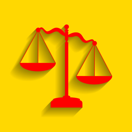Scales of Justice sign. Vector. Red icon with soft shadow on golden background.のイラスト素材