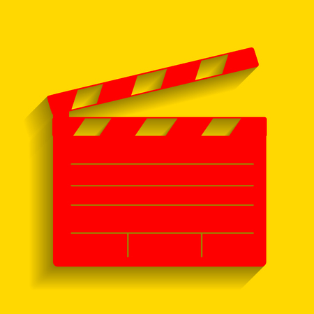 Film clap board cinema sign. Vector. Red icon with soft shadow on golden background.のイラスト素材