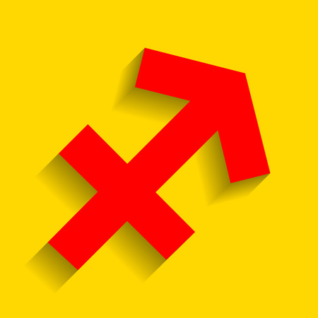 Sagittarius sign illustration. Vector. Red icon with soft shadow on golden background.のイラスト素材