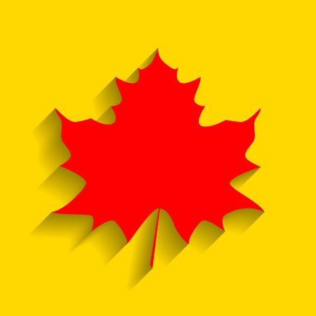 Maple leaf sign. Vector. Red icon with soft shadow on golden background.のイラスト素材