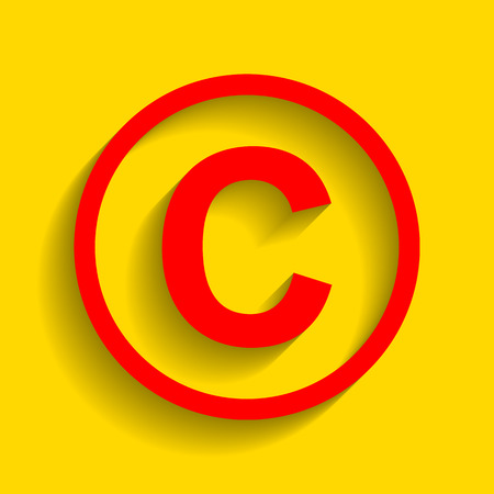 Copyright sign illustration. Vector. Red icon with soft shadow on golden background.のイラスト素材