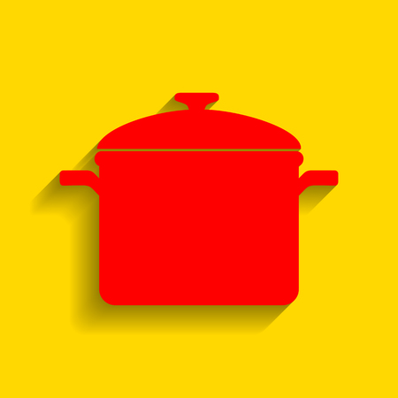 Cooking pan sign. Vector. Red icon with soft shadow on golden background.のイラスト素材