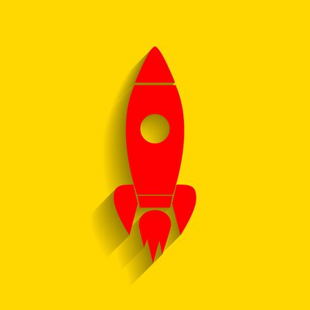 Rocket sign illustration. Vector. Red icon with soft shadow on golden background.のイラスト素材