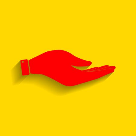 Hand sign illustration. Vector. Red icon with soft shadow on golden background.のイラスト素材