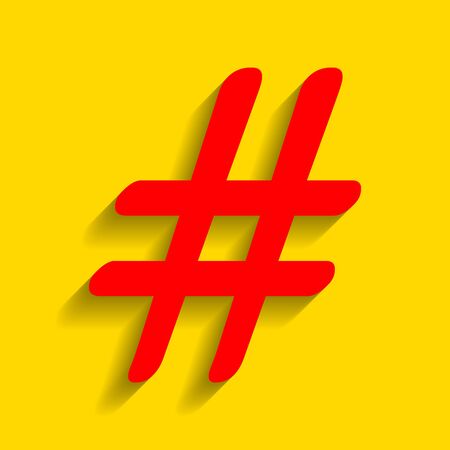 Hashtag sign illustration. Vector. Red icon with soft shadow on golden background.のイラスト素材