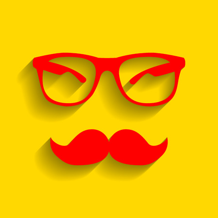 Mustache and Glasses sign. Vector. Red icon with soft shadow on golden background.のイラスト素材