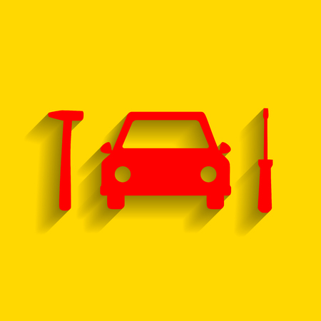 Car tire repair service sign. Vector. Red icon with soft shadow on golden background.のイラスト素材