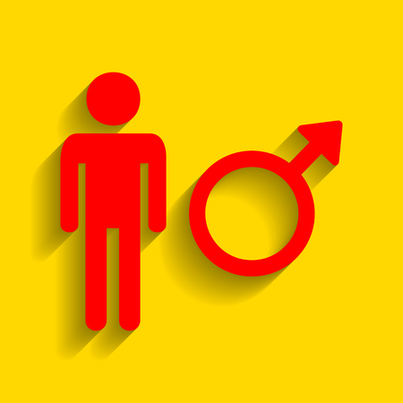 Male sign illustration. Vector. Red icon with soft shadow on golden background.のイラスト素材