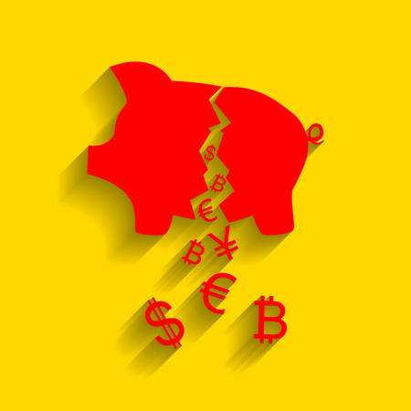 Pig money bank sign. Vector. Red icon with soft shadow on golden background.のイラスト素材