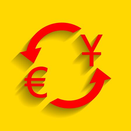 Currency exchange sign. Dollar and Euro. Vector. Red icon with soft shadow on golden background.のイラスト素材