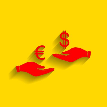 Currency exchange from hand to hand. Euro and Dollar. Vector. Red icon with soft shadow on golden background.のイラスト素材