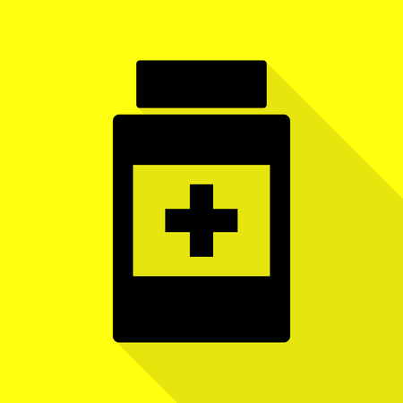 Medical container sign. Black icon with flat style shadow path on yellow background.のイラスト素材