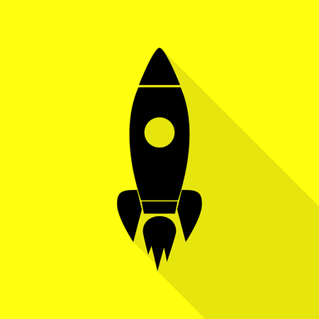 Rocket sign illustration. Black icon with flat style shadow path on yellow background.のイラスト素材