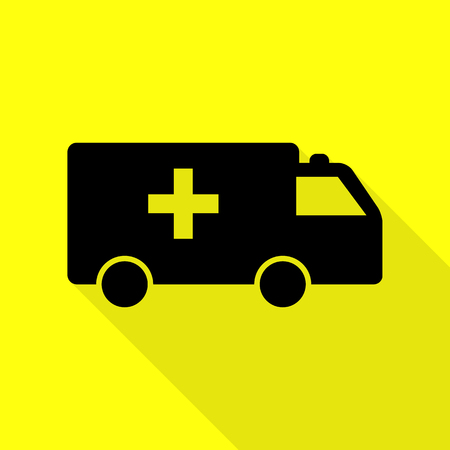 Ambulance sign illustration. Black icon with flat style shadow path on yellow background.のイラスト素材