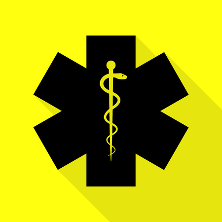 Medical symbol of the Emergency or Star of Life. Black icon with flat style shadow path on yellow background.のイラスト素材
