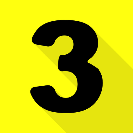 Number 3 sign design template element. Black icon with flat style shadow path on yellow background.のイラスト素材