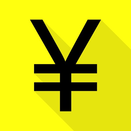 Yen sign. Black icon with flat style shadow path on yellow background.のイラスト素材
