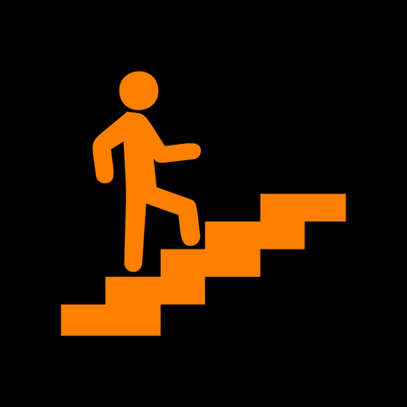 Man on Stairs going up. Orange icon on black background. Old phosphor monitor. CRT.のイラスト素材