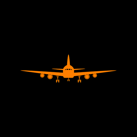 Flying Plane sign. Front view. Orange icon on black background. Old phosphor monitor. CRT.のイラスト素材