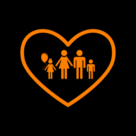 Family sign illustration in heart shape. Orange icon on black background. Old phosphor monitor. CRT.のイラスト素材