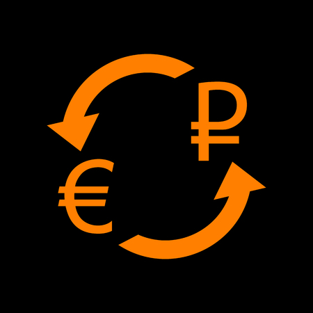 Currency exchange sign. Euro and Russia Rouble. Orange icon on black background. Old phosphor monitor. CRT.のイラスト素材