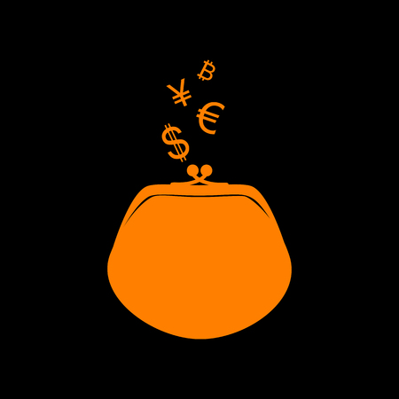 Wallet sign with currency symbols. Orange icon on black background. Old phosphor monitor. CRT.のイラスト素材