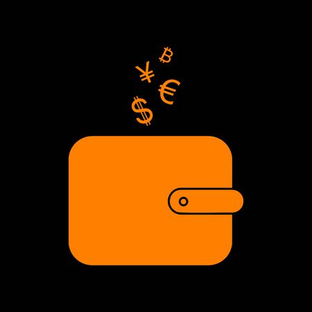 Wallet sign with currency symbols. Orange icon on black background. Old phosphor monitor. CRT.のイラスト素材