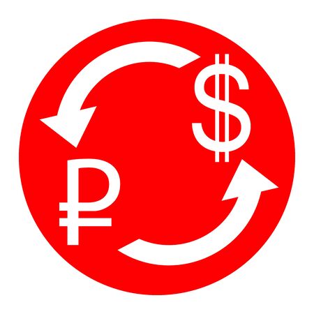 Currency exchange sign. Rouble and US Dollar Vector. White icon in red circle on white background. Isolated.のイラスト素材