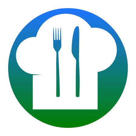 Chef hat and spoon, fork, knife sign. Vector. White icon in bluish circle on white background. Isolated.のイラスト素材