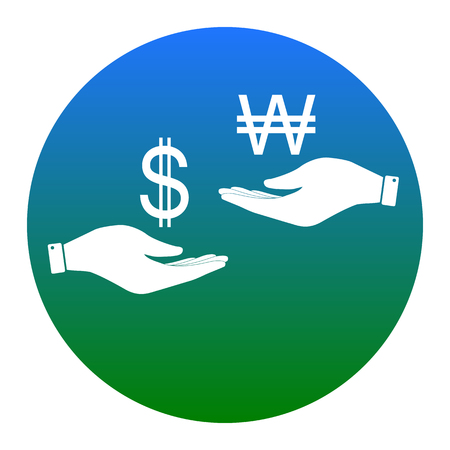 Currency exchange from hand to hand. Dollar and South Korea Won. Vector. White icon in bluish circle on white background. Isolated.のイラスト素材