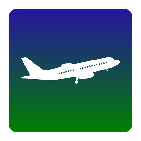 Flying Plane sign. Side view. Vector. White icon at green-blue gradient square with rounded corners on white background. Isolated.のイラスト素材
