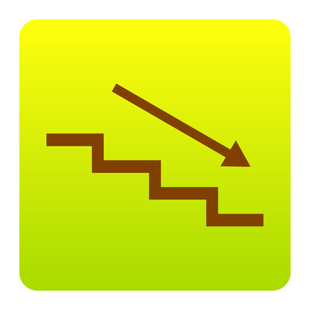 Stair down with arrow. Vector. Brown icon at green-yellow gradient square with rounded corners on white background. Isolated.のイラスト素材