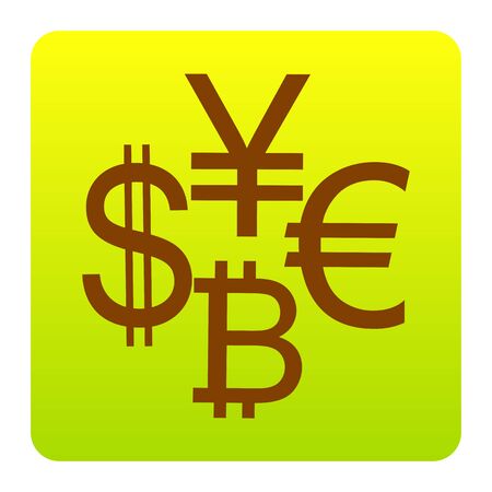 Currency sign collection dollar, euro, bitcoin, yen. Vector. Brown icon at green-yellow gradient square with rounded cornersのイラスト素材