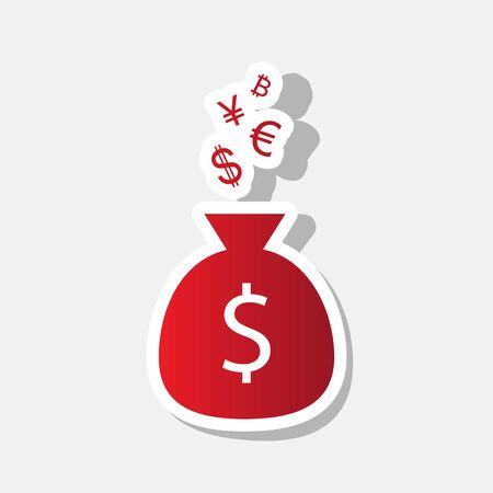 Money bag sign with currency symbols. Vector. New year reddish icon with outside stroke and gray shadow on light gray background.のイラスト素材