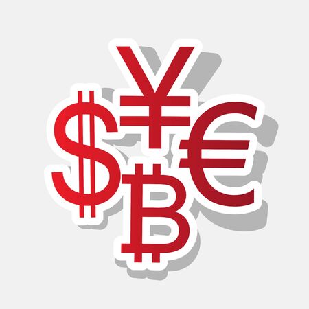 Currency sign collection dollar, euro, bitcoin, yen. Vector. New year reddish icon with outside stroke and gray shadow on light gray background.のイラスト素材