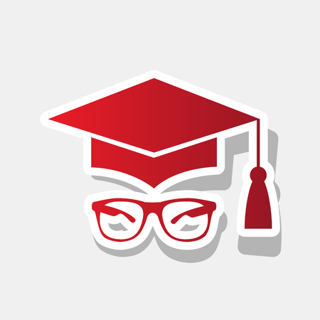 Mortar Board or Graduation Cap with glass. Vector. New year reddish icon with outside stroke and gray shadow on light gray background.のイラスト素材