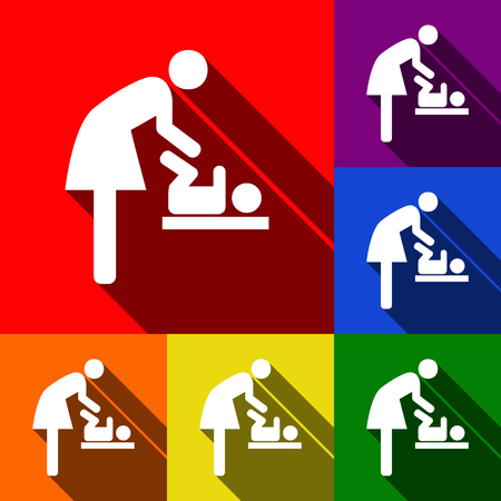 Symbol for women and baby, baby changing. Vector. Set of icons with flat shadows at red, orange, yellow, green, blue and violet background.のイラスト素材