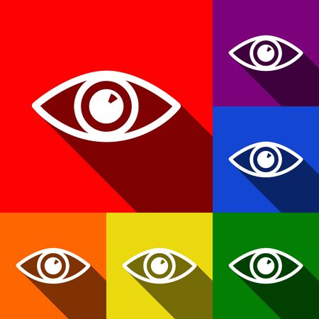Eye sign illustration. Vector. Set of icons with flat shadows at red, orange, yellow, green, blue and violet background.のイラスト素材