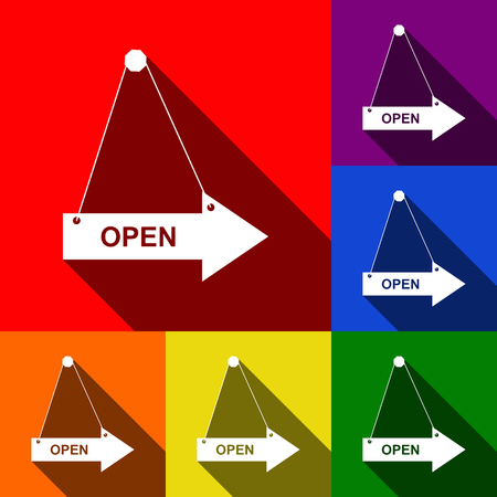 Open sign illustration. Vector. Set of icons with flat shadows at red, orange, yellow, green, blue and violet background.のイラスト素材
