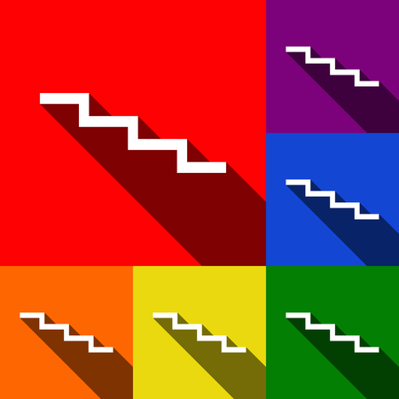 Stair down sign. Vector. Set of icons with flat shadows at red, orange, yellow, green, blue and violet background.のイラスト素材