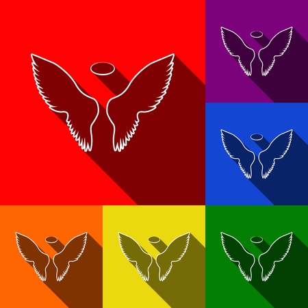 Wings sign illustration. Vector. Set of icons with flat shadows at red, orange, yellow, green, blue and violet background.のイラスト素材