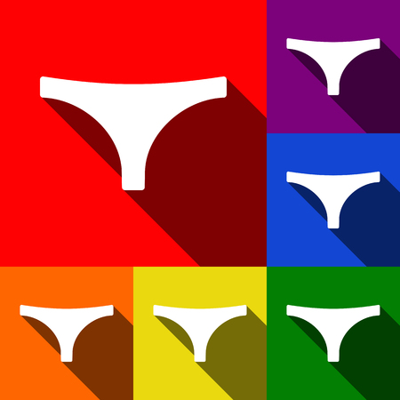 Womens panties sign. Vector. Set of icons with flat shadows at red, orange, yellow, green, blue and violet background.のイラスト素材