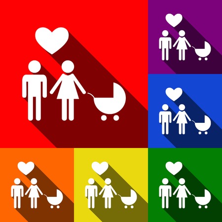 Family symbol with pram and heart. Husband and wife are kept each other`s hands. Love. Vector. Set of icons with flat shadows at red, orange, yellow, green, blue and violet background.のイラスト素材