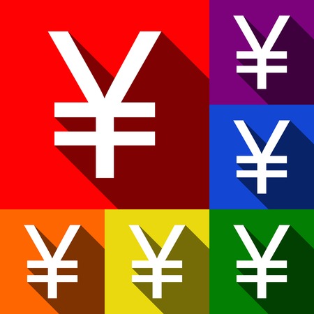 Yen sign. Vector. Set of icons with flat shadows at red, orange, yellow, green, blue and violet background.のイラスト素材
