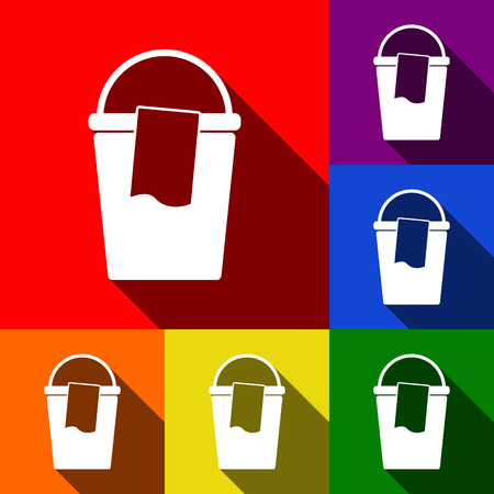 Bucket and a rag sign. Vector. Set of icons with flat shadows at red, orange, yellow, green, blue and violet backgrounds.のイラスト素材
