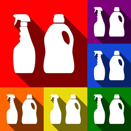 Household chemical bottles sign. Vector. Set of icons with flat shadows at red, orange, yellow, green, blue and violet backgrounds.のイラスト素材